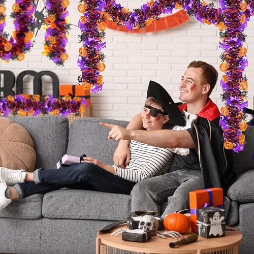 Image of 50 FT Halloween Tinsel Garland, Glitter Tinsel Garlands with Pumpkin Bat Spider, Metallic Holiday Hanging Streamers for Halloween Party Supplies Indoor Outdoor Decoration