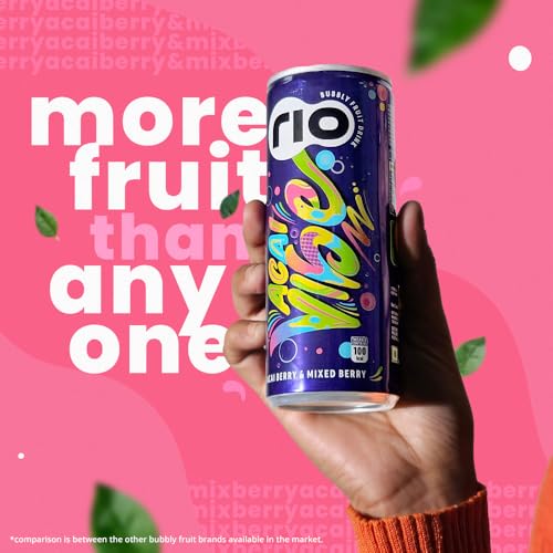 Image of Rio Acai Berry Bubbly Fruit Drink Can | Soft Drink | Exotic Fruit Juice + Fizz | Rich in Vitamin C and Honey | Pack of 12 | 250 ml