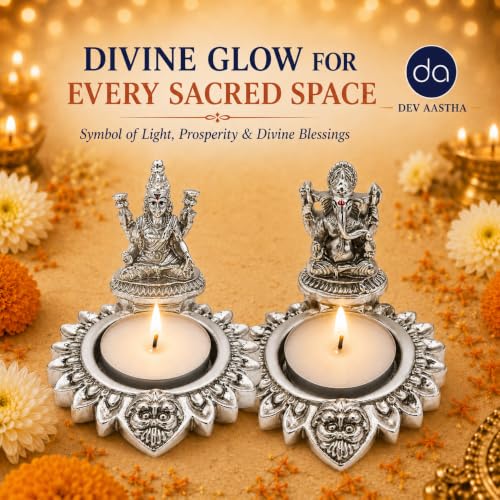 Image of 999 Silver Plated Lakshmi Ganesha Diya for Pooja - Set of 2 | Handcrafted Deepak for Home Mandir & Office, Diwali Decoration & Festive Gifting