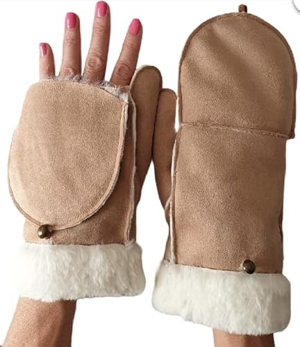 axelens Warme Handschuhe Frauen Winter Zu Öffnende Fäustlinge Elegant Komfortable Eco Wildleder S/M BEIGE