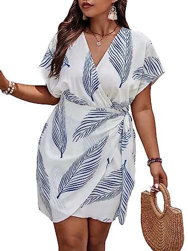 Image of WDIRARA Women's Plus Size Tropical Print V Neck Short Sleeve Wrap Tie Side Boho Dress