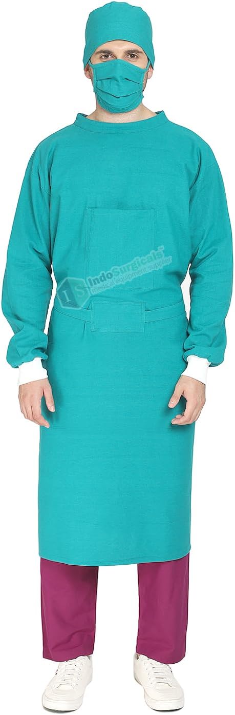IS IndoSurgicals Reusable Cotton Unisex Surgeons Gown Set with Face Mask and Cap (Green) - Pack of 1