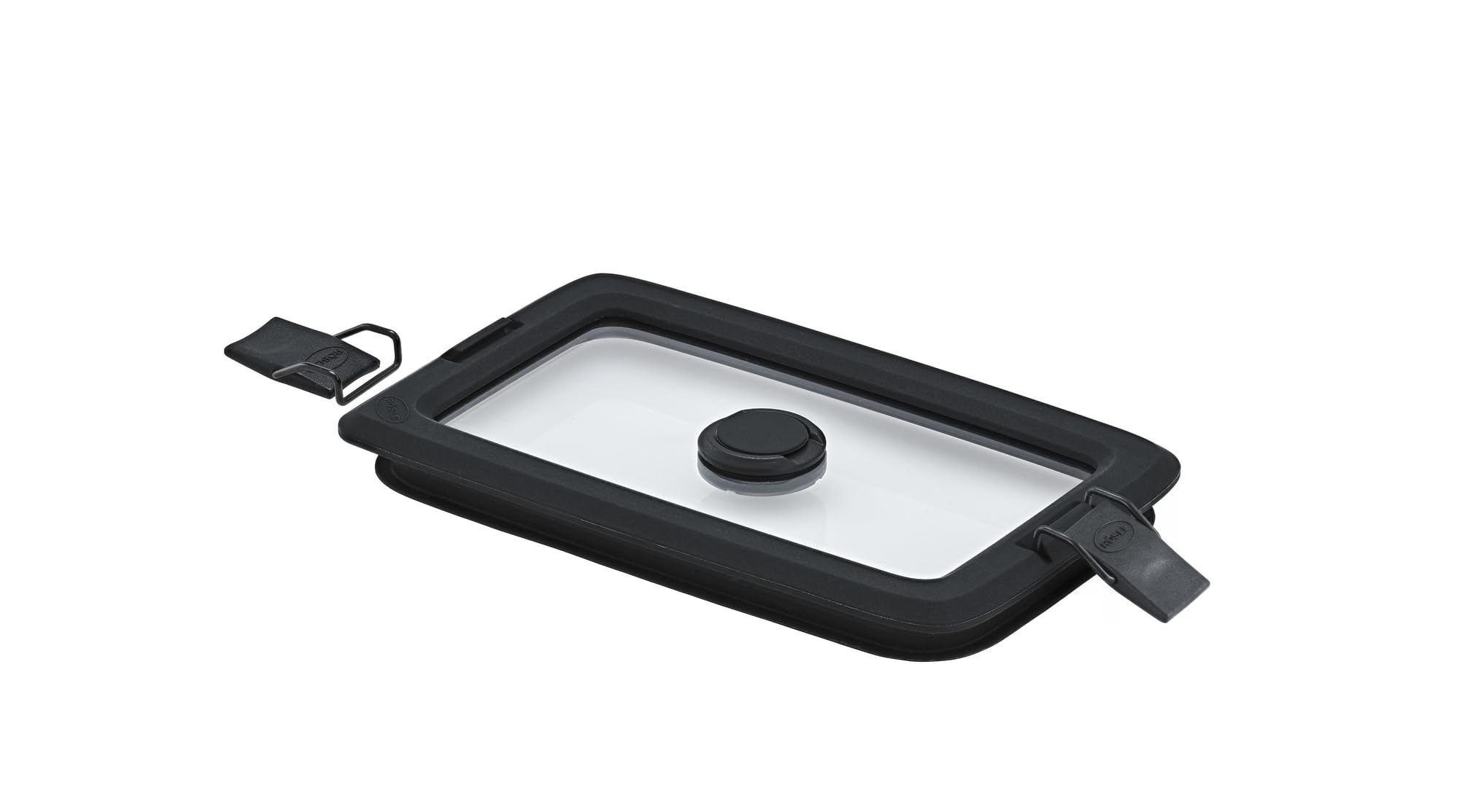 RÖSLE FLEXX 2GO Vacuum Lid 1.0 L Square with Clips, Safety Glass with Silicone Edge and Vacuum Valve, Aroma-tight, Transparent/Black