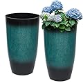 Autodaya Tall Outdoor Planters, Set of 2 Large Flower Pots for Outdoor Plants, with Gradient Turquoise Finish, Weather-Resistant for Porch, Garden, Patio
