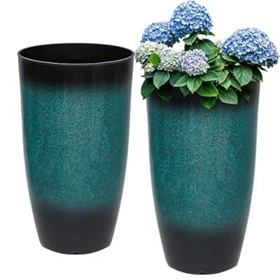 Autodaya Tall Outdoor Planters, Set of 2 Large Flower Pots for Outdoor Plants, with Gradient Turquoise Finish, Weather-Resistant for Porch, Garden, Patio