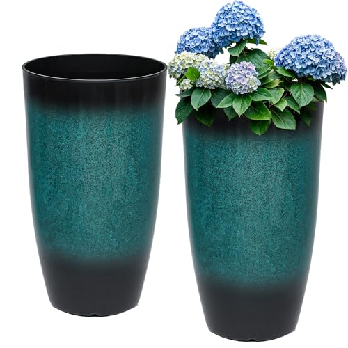Autodaya Tall Outdoor Planters, Set of 2 Large Flower Pots for Outdoor Plants, with Gradient Turquoise Finish, Weather-Resistant for Porch, Garden, Patio