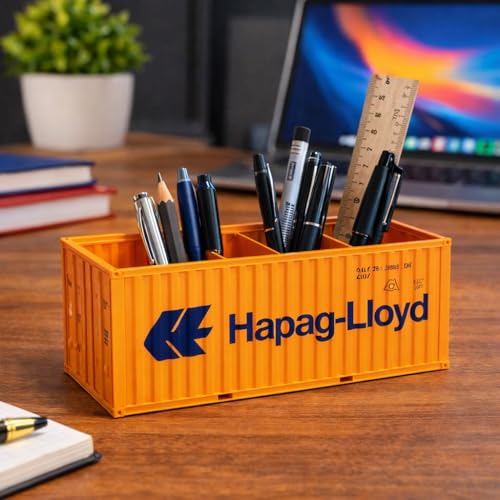 Image of Container Style Desk Organizer Pen Holder - Shipping Cargo Container Design, Multi-Compartment Storage Box for Pens, Pencils & Stationery, Desk Organizer for Office, Study Table & Students