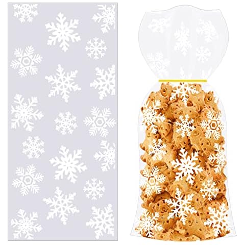TACHIO Cellophane Bags Pack of 100 Christmas Bags 12.5x27.5cm Gift Bags Biscuit Bags Cookie Bags Pastry Bags Transparent Bags Cellophane Bags Cellophane Bags for Gifts (Snowflake) Cover