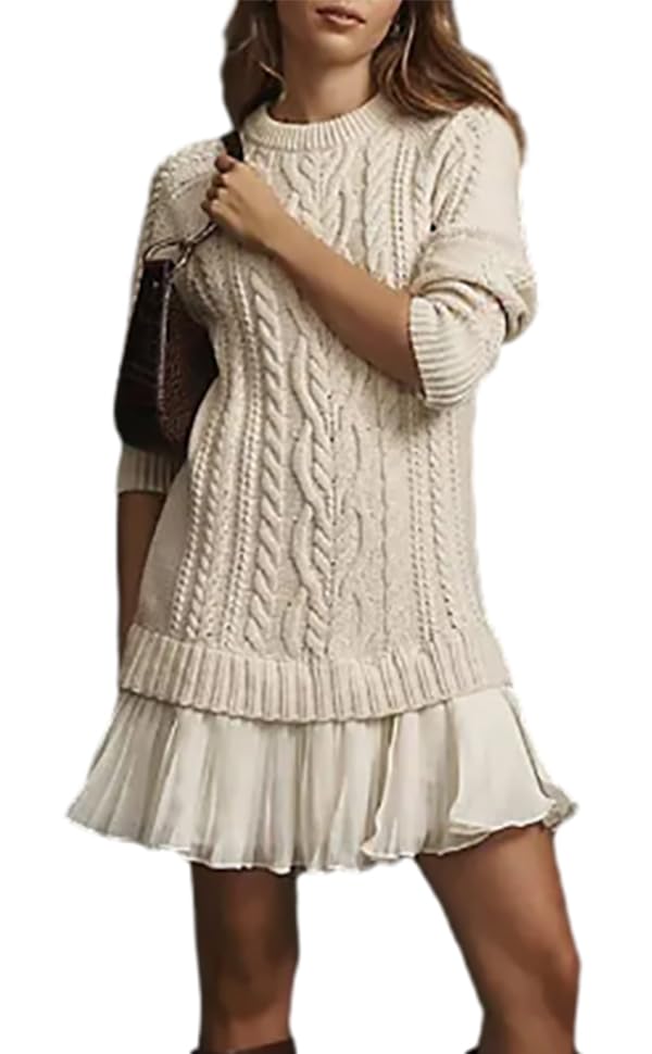 Women Crewneck Cable Knit Sweater Mini Dress, Fall Long Sleeve Sweater Dress Plus Size for Women