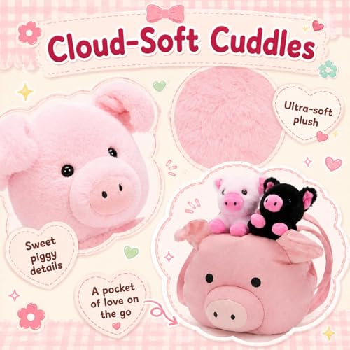 Image of Pig Stuffed Animal with 2 Babies and Backpack, 21 Inch Pink Plush