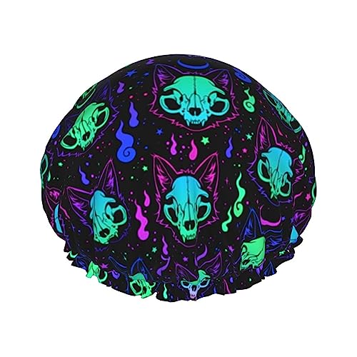 halloween trippy goth black cat skull Reusable Shower Cap & Bath Cap Waterproof Shower Caps Large Designed for all Hair Lengths & Elastic Hair Hat