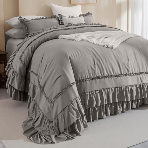 Image of QSH Grey Oversized King Comforter Set 120x120, Farmhouse Ruffled Bed Comforter Gray French Country Rustic Vintage Comforter Microfiber Soft Lightweight Fluffy Shabby Bedding 3 PCs