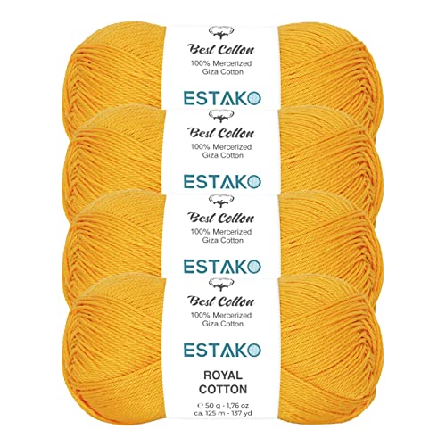 Image of Estako Royal Cotton, (4 Skeins Pack) 100% Mercerized Giza Cotton Yarn, Soft, Super Fino for Crochet and Knitting (4 x 1.76 Oz) / (4 x 137 Yrds) (5064 - Dark Yellow)