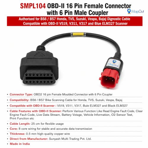 Mapout24 OBD-II 16-Pin Female to 6-Pin Male Diagnostic Cable for BS6 & BS7 Honda, TVS, Suzuki, Vespa & Bajaj | Compatible with V519, V311, V317 & ELM327 OBD-II Scanners | SMPL104 - Image 3
