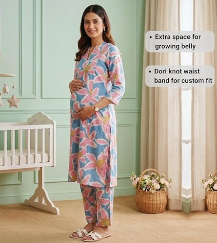 Image of DUMMY SHAPE Feeding Kurtis for Women Cotton Blend | Floral Kurta Pant Dupatta Set with Nursing Zippers to Pre & Post Partum | Maternity Dresses | Mom to Be Gifts for Pregnant Woman