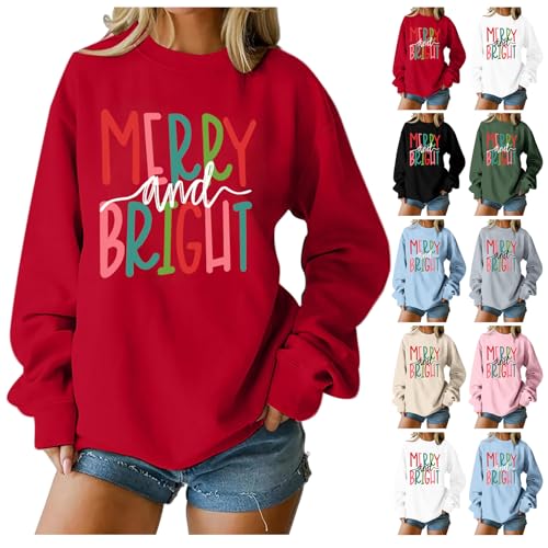 Christmas Sweatshirt for Women Merry and Bright Christmas Pullover Top Loose Long Sleeve Shirts Fall Outfits Clothes4