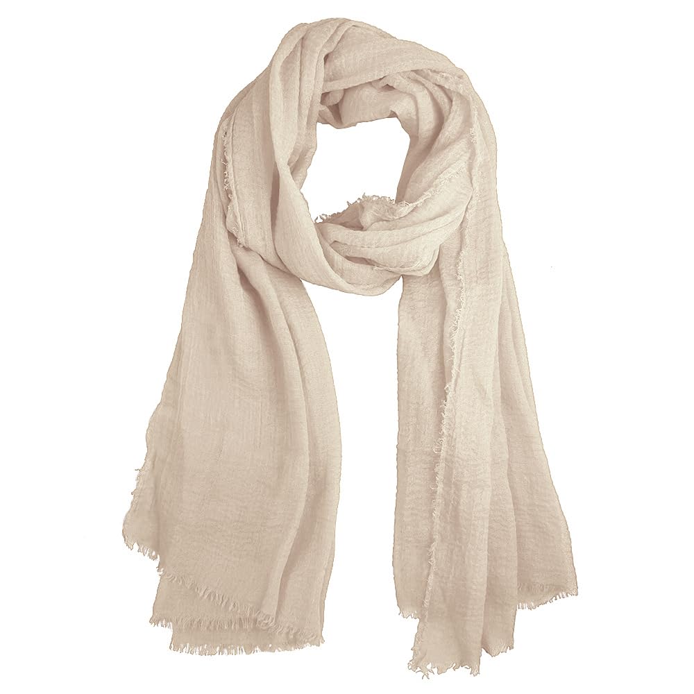 Summer Cotton Blend Crinkle Vintage Soft Scarf with Fringed Edges 35" × 70"