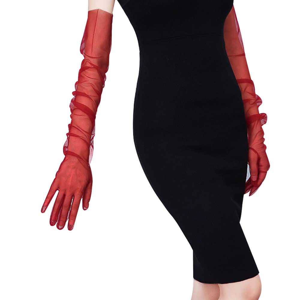 YEMYIQZWomen Tulle Long Gloves Wedding Bridal Opera Party Satin Lace Mesh Pearl Finger Stretchy Elbow Length Sheer Gloves