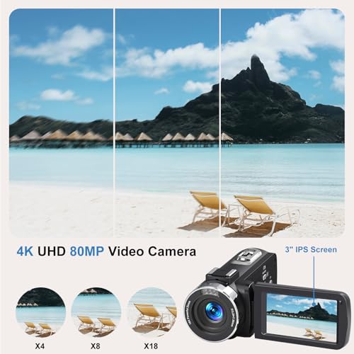 Image of Camcorder Video Camera 4K 80MP 30FPS Vlogging for YouTube Autofocus | IR Night Vision, 18X Digital Zoom, 3.0 IPS Screen Recorder with 32GB SD Card, 2 Batteries, Stabilizer and Remote Control