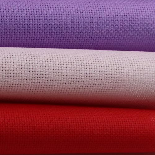 Image of KCS 3 pc of 15 inch x 18 inch(38cmx45cm) Counted Cross Stitch Cotton Aida Cloth Needlework Rolled Fabric Box,14CT,Lavender+Pink+Red
