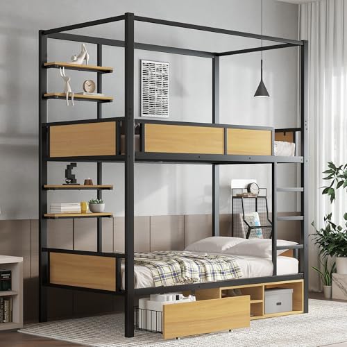Huayz Letto in ferro a castello, 90 x 200 cm, letto a soppalco con protezione anti-caduta e spazio di archiviazione, con...