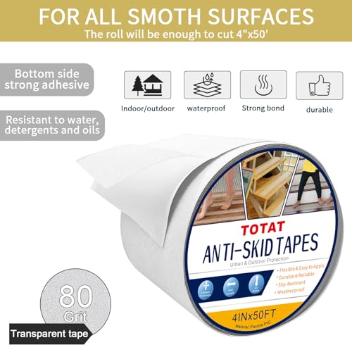 Image of Clear Anti Slip Tape for Stairs & Bathtubs, 4 inch x50FT Non-Skid Transparent Grip Tape - Soft PVC Safety Traction for Bare Feet, Pool Decks, Boats, Shower Floors