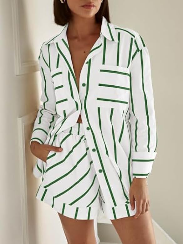 Women's Striped 2 Piece Outfits Casual Button Down Shirts and Shorts Drawstring Pajamas Lounge Matching Sets - Image 2