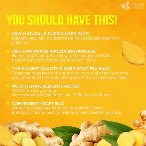 Image of FreshDrinkUS, 150 Premium Ginger Tea Bags, Non GMO, 100% Natural & Pure from Ginger Root, Root Herbal Tea. No Sugar, No Caffeine, No Gluten, Vegan. Support Stronger Digestion, Pleasantly Spicy & Warming