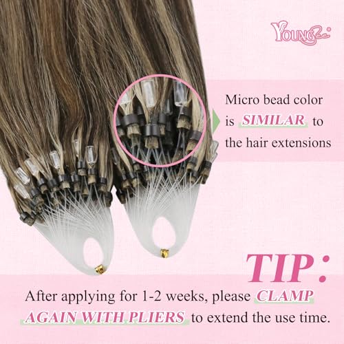 Image of YoungSee Micro Bead Hair Extensions Real Human Hair Highlight Microlink Hair Extensions Dark Brown and Blonde Highlight Micro Loop Hair Extension Human Hair 20In 57g 50s