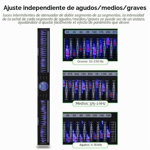 Ecualizador gráfico digital, 22 bandas con 10 efectos preestablecidos, ajuste independiente bajo/medio/agudos, ideal para estudio de grabación, bar, escenario