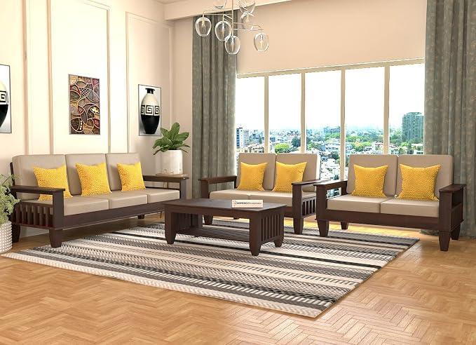 Image of Sheesham Wooden 7 Seater Sofa for Living Room | Rosewood 7 Seater Cushion Sofa with Side Newspaper Holder for Home & Office | Solid Wood Sofa Set for Lounge (Walnut,3+2+2 Seater)