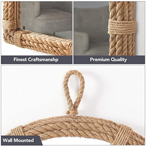Akrilane Wall Mounted Mirror With Natural Rope Finish, French Nordic Rustic Farmhouse Style Mirror With Accent Arch Frame For Bathroom, Living Room, Bedroom, 33" Height, 22" Width, 1.8" Depth #TOP5
