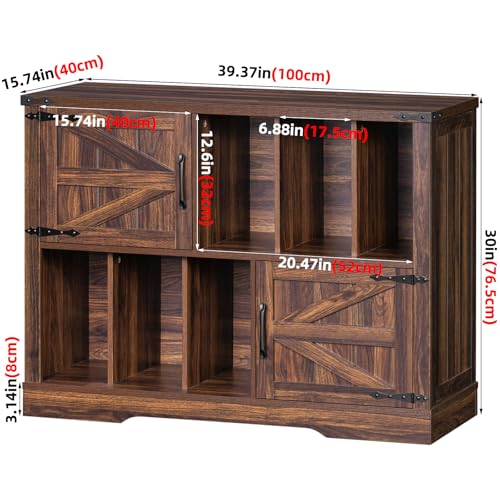 LELELINKY Großer 1m-Plattenspieler-Ständer mit Aufbewahrung, Plattenständer mit Scheunentür, Plattenregal mit Aufbewahrung für bis zu 300 Alben, Vinylplatten-Halterung für Musikzimmer, Vintage Braun