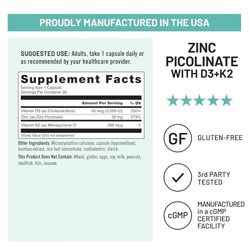 NatureWise Zinc Picolinate with D3 + K2 - Zinc Supplements for Men & Women + Vitamin D3 K2 - Supports Immune & Bone Health* - Non-GMO, Gluten Free, USA Manufactured - 30 Capsules[30 Day Supply] - image 6