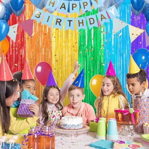 Image of Crosize 2 Pack 3.3 x 8.2 ft Rainbow Foil Fringe Curtains Party Decorations, Tinsel Curtain Backdrop for Parties, Door Streamers, Glitter Streamer Fringe Backdrop for Birthday Decoration