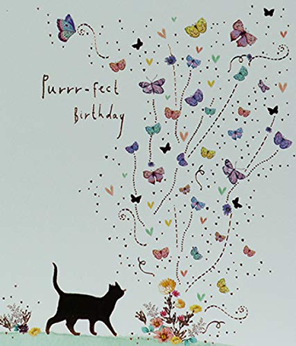 Beautiful Artistic Female Birthday Card From the Lemon Sorbet Range by Paperlink - Cat with Butterflies - Exquisite Foil Finish - Greeting Card For Her (PL-ELS036)