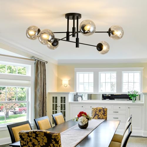 Image of 6-Lights Glass Globe Sputnik Chandelier Modern Flush Mount Ceiling Light Fixture Black Farmhouse Lighting for Dining Room Living Room Bedroom Kitchen Passageway.