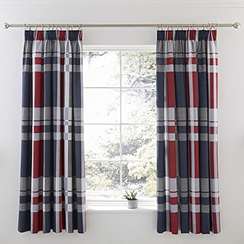 Charlotte Thomas Carson Red & Blue Checked Pencil Pleat Fully Linen Curtains & Tie Backs 66"x72" Cover