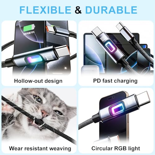 Image of Verilux PD 100W Type C Cable Fast Charging with Breathing Light, 5.9Ft /1.8M C Type Charger Cable Nylon Braid with 480Mbps Data Sync for iPhone 17 /17 Pro /17 Pro Max /16 /15, Galaxy S25 /S24 /S23, Black