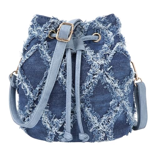 Image of Women Denim Mini Bucket Shoulder Crossbody Bag Drawstring Quilted Distressed Tassel Barrel Shape Satchel Purse