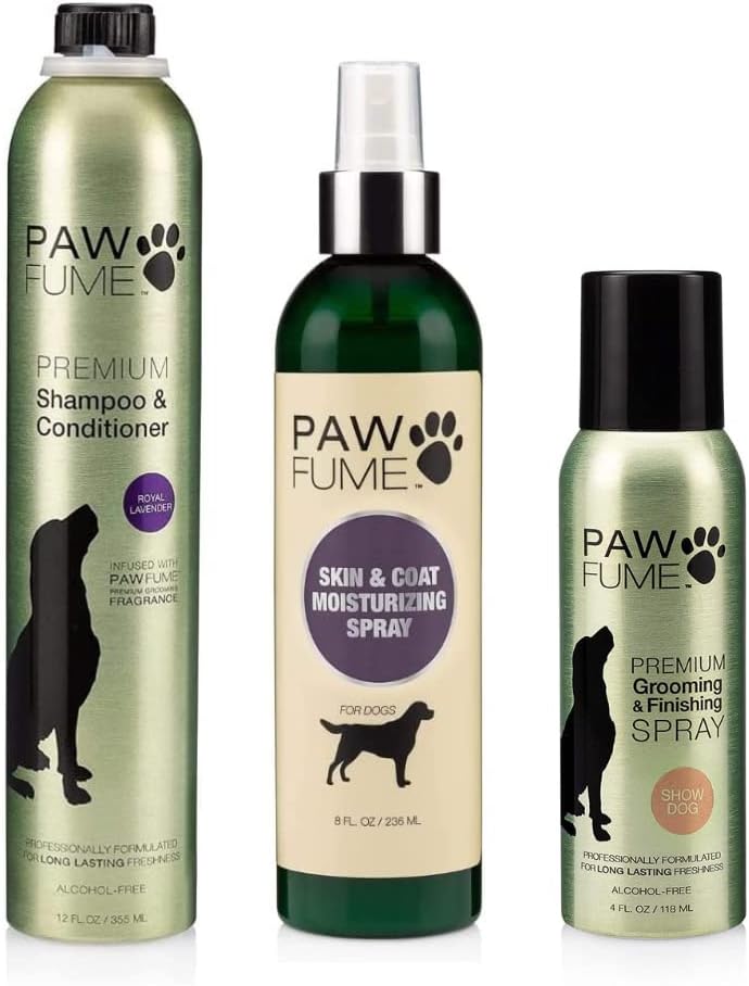 Pawfume Skin & Coat Moisturizing Spray + Dog Shampoo and Conditioner + Premium Grooming Spray