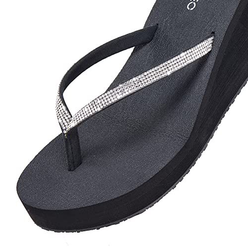 Ampeo Women's Wedge Sandals Comfortable Rhinestone Dressy Summer Thong Flip Flops,Black,Size 8 #TOP1
