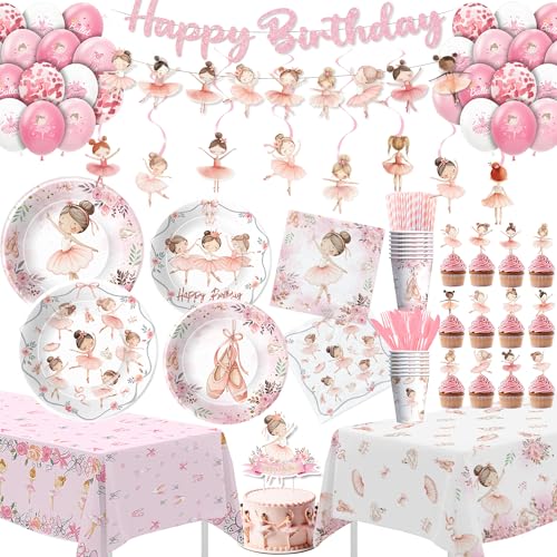 Srua Don Ballerina Birthday Party Decorations Girl Pink Dance Theme Ballet Party Supplies for Birthday Baby Shower Paper Plate Cup Napkin Topper Tablecloth Balloons Cutlery Banner Serves 24