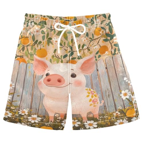DOMIKING Orange Piggy Beige Boys' Pull On Swim Trunks Quick Dry Boardshorts with Mesh Lining for Kid Boy Toddler M