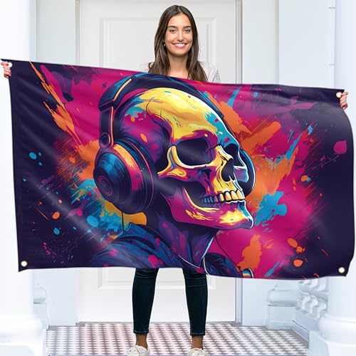 Tête de mort avec écouteurs Drapeau - Musique Grand Drapeau Drôle - Impression recto verso -...