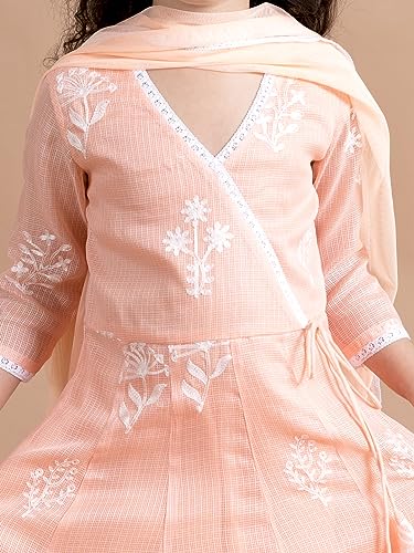 Image of Pspeaches Girls Peach-Coloured Floral Printed Angrakha Pure Cotton Kurta With Trousers With Dupatta (Orange-7-8Y)