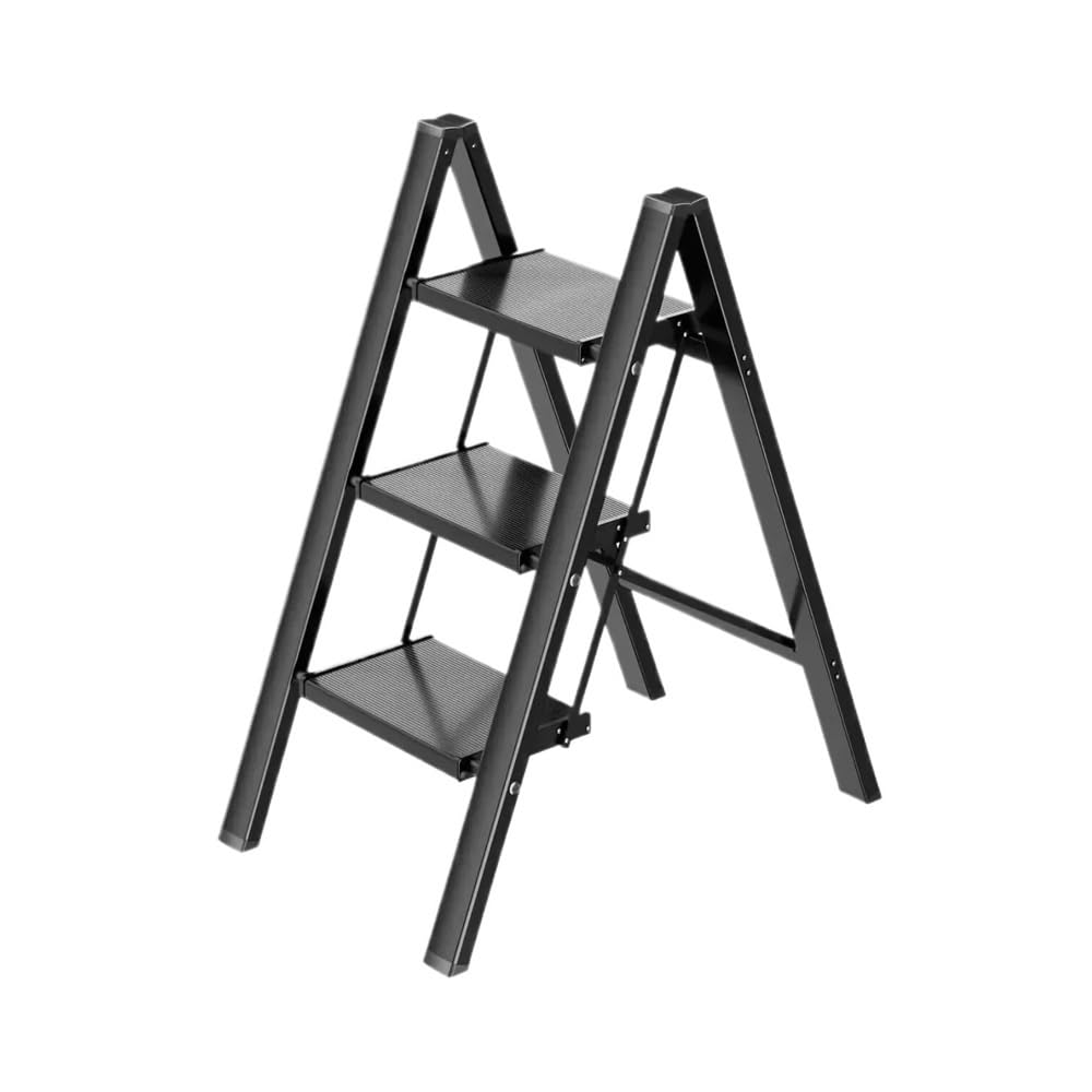 step ladder 3 Step Portable Ladder Aluminum Lightweight Folding Stool Wide Anti-Slip Pedal 150kg load Household Office for warehouse(Black)