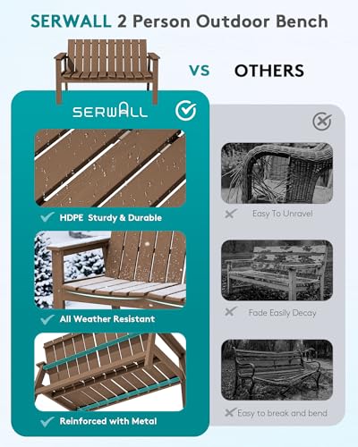 Image of SERWALL 2-Person HDPE All-Weather Outdoor Bench Set of 2, Brown