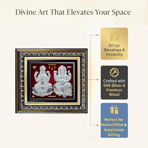 Image of 999 Silver Ganesh Lakshmi Frame | Pooja Room Diwali Corporate Gift | 22 x 20 CM | Purity Certificate | Wall Mount Frame | Home Office Decor (Silver, Ganesh Lakshmi)