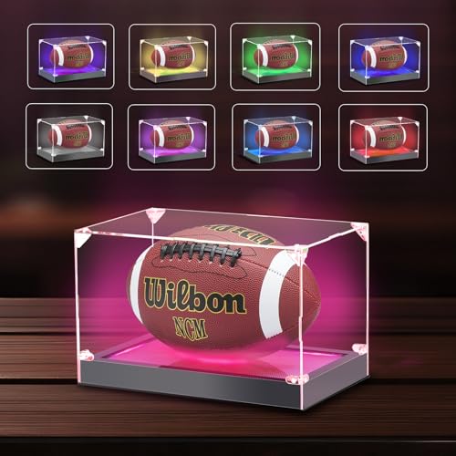 Acrylic Football Display Case with Adjustable LED Light,Clear Football Holder Display Box Multiple Light Modes Full Size,UV-Protective Dust-Proof, Lighted Football Memorabilia Display Case